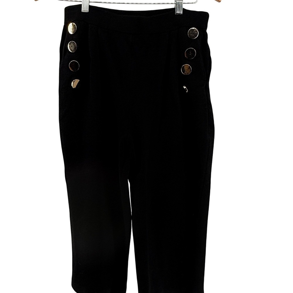 St John Basics Black Knit Sailor Pants Gold Buttons High Waist Womens‎ 8 - Picture 3 of 14